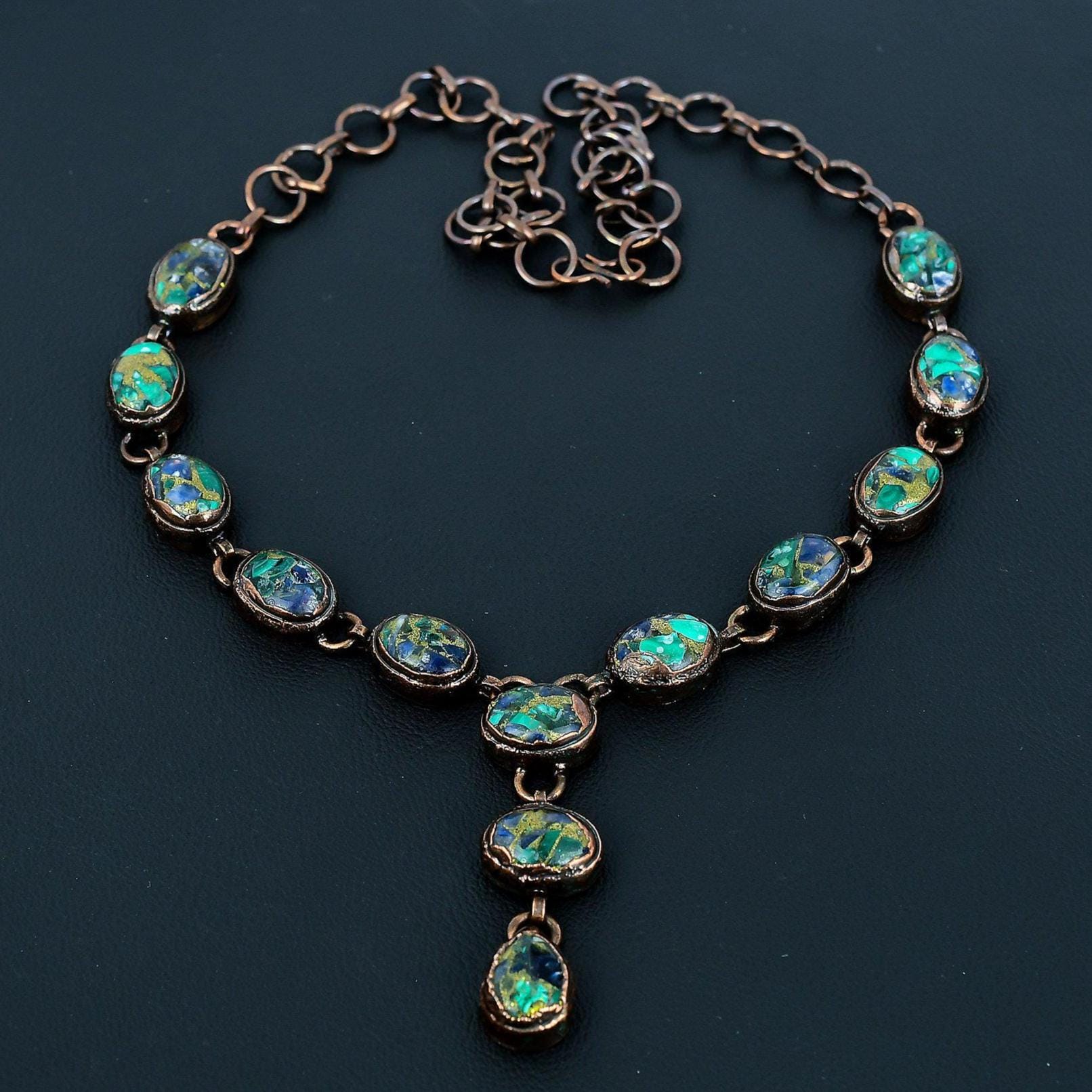 Copper Azurite Malachite Necklace, Copper Azurite Malachite Electroformed Copper Necklace, Adjustable Chain Necklace Jewelry Gift For Wife Copper Azurite Malachite Necklace, Copper Azurite Malachite Electroformed Copper Necklace, Adjustable Chain Necklace Jewelry Gift For Wife