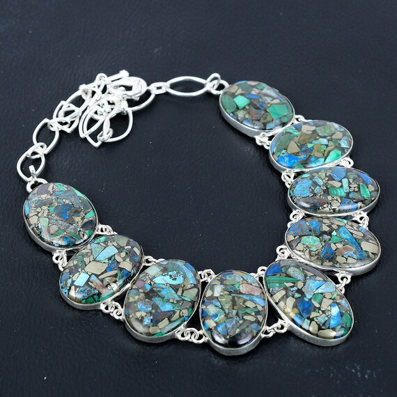 Copper Azurite Malachite Gemstone Necklace, 925 Sterling Silver, Handmade