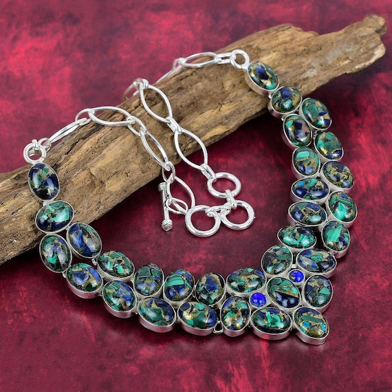 Copper Azurite Malachite Gemstone Handmade 925 Sterling Silver Jewelry Azurite Malachite Necklace, Silver Necklace Perfect For Special Event