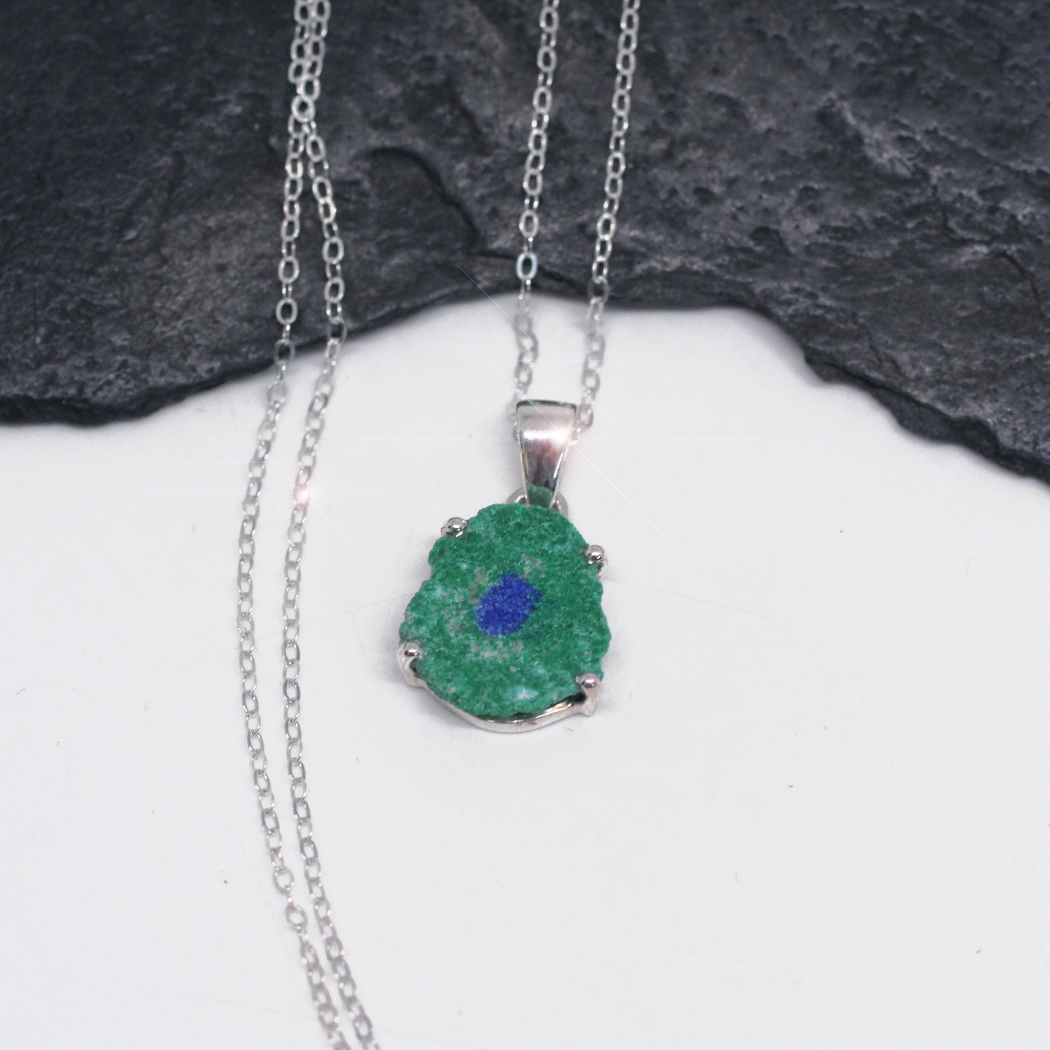 Earth And Sky - Beautiful Natural Azurite And Malachite Geode Nodule Slice Rough And Raw Sterling Silver Necklace