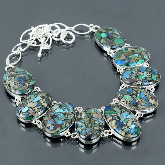 Handmade Copper Azurite Malachite Necklace: 925 Sterling Silver, Adjustable Chain