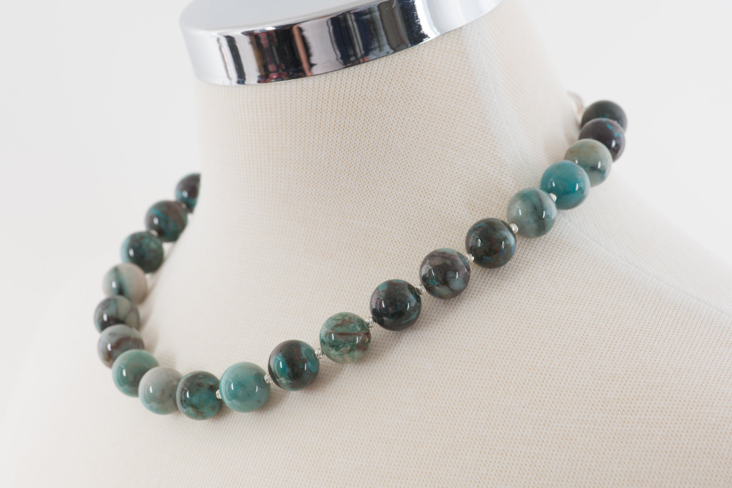 Azurite Malachite Necklace, Beadwork Single Strand 14mm Azurite Malachite, Women's Fashion, Handmade Gemstone Jewelry