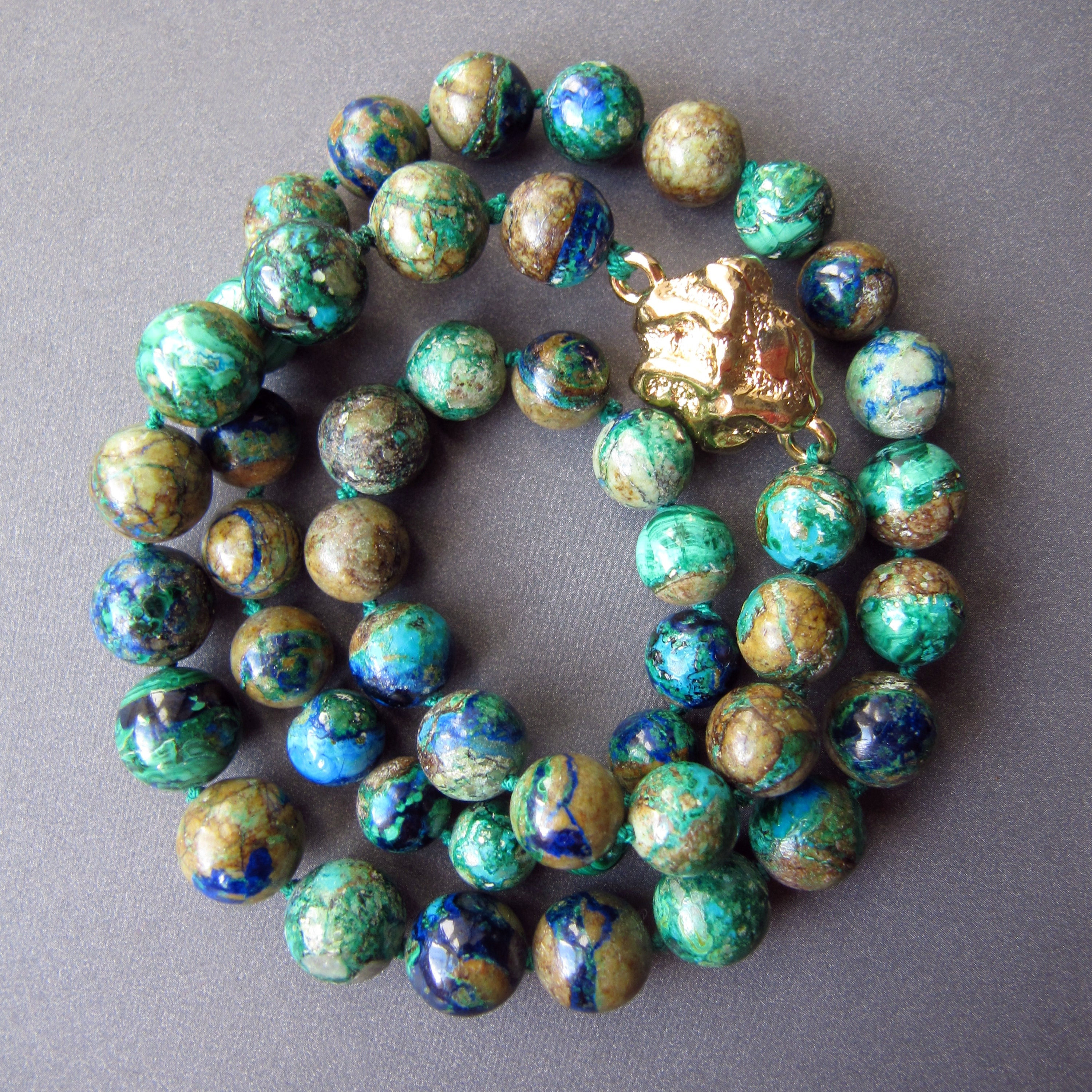 Azurite Malachite Hand Knotted Silk Necklace • 18.5 Inches • Natural Gemstone • Mother Earth In Each Bead - Amazing • Magnetic Clasp