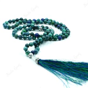 Azurite Malachite Mala Necklace 108 Beads Hand Knotted, Blue Green Crystal Tassel Necklace, Third Eye Heart Chakra, Yoga Meditation Beads