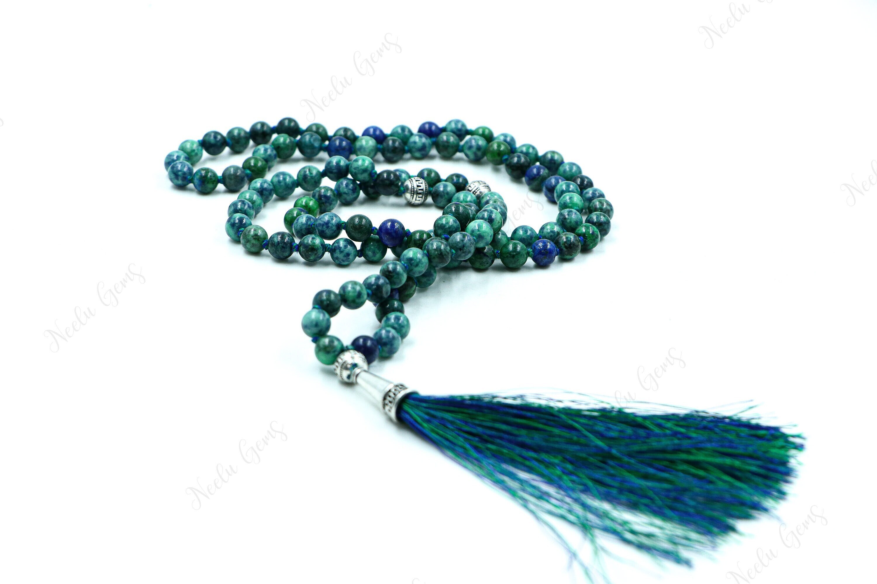 Azurite Malachite Mala Necklace 108 Beads Hand Knotted, Blue Green Crystal Tassel Necklace, Third Eye Heart Chakra, Yoga Meditation Beads