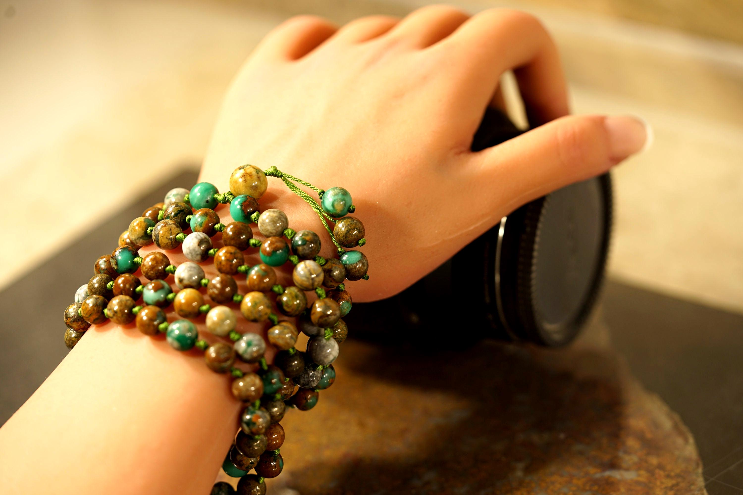 Natural Green Azurite Mala Necklace • 108+1 • 8mm • Earth Connection • Celestial Realms • Balance Of Heaven And Earth • 3837