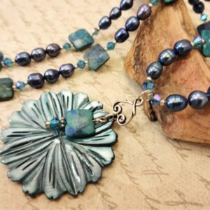 Teal Azurite Malachite Necklace: Mother Of Pearl Flower, Freshwater Pearls