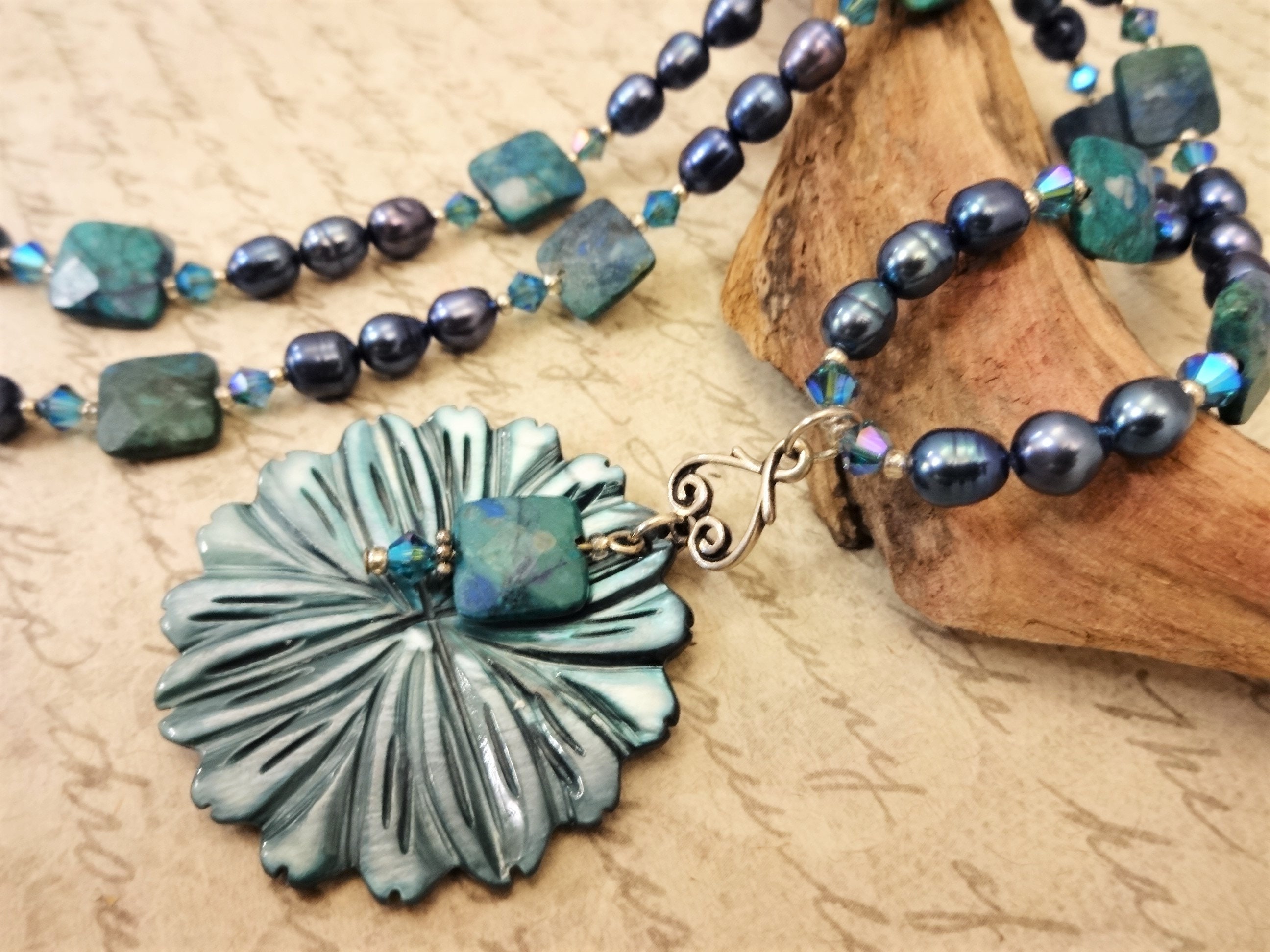 Teal Azurite Malachite Necklace: Mother Of Pearl Flower, Freshwater Pearls Teal Azurite Malachite Necklace: Mother Of Pearl Flower, Freshwater Pearls