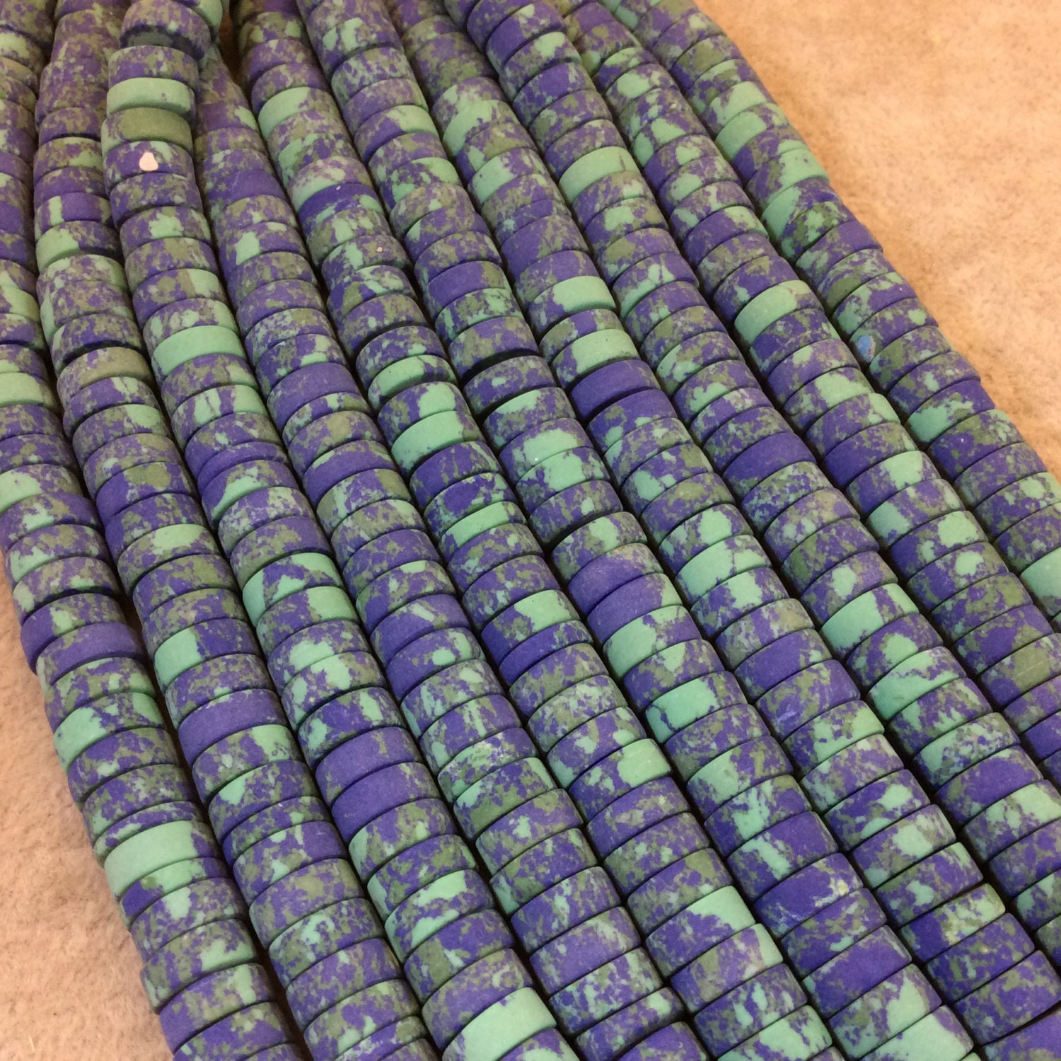 Matte Malachite Azurite Heishi Beads: Large Hole, 7.75" Strand