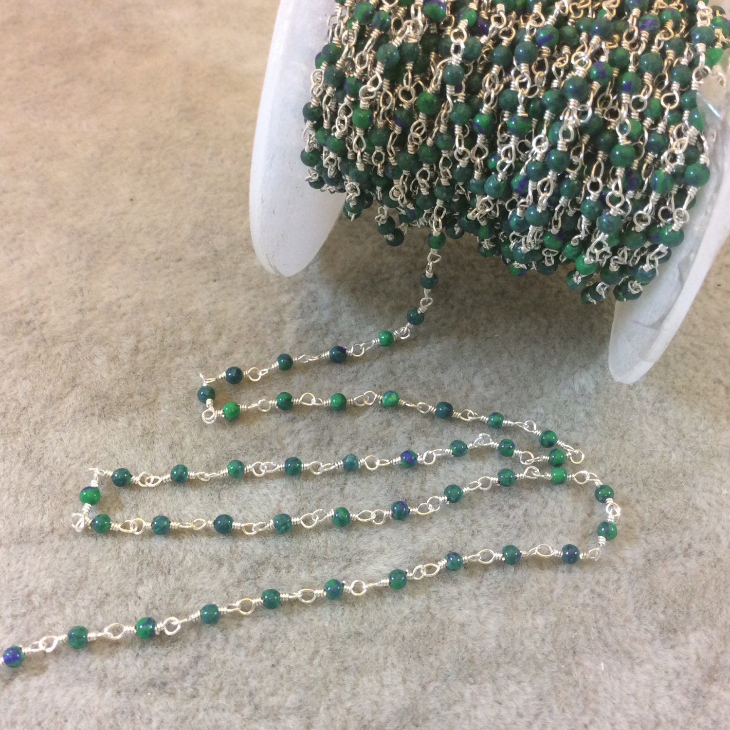 Silver Plated Rosary Chain: 2mm Green/blue Malachite Azurite Beads Silver Plated Rosary Chain: 2mm Green/blue Malachite Azurite Beads