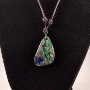 Azurite and Malachite Pendant on Adjustable Leather Necklace Handmade by Chris Hay Azurite and Malachite Pendant on Adjustable Leather Necklace Handmade by Chris Hay