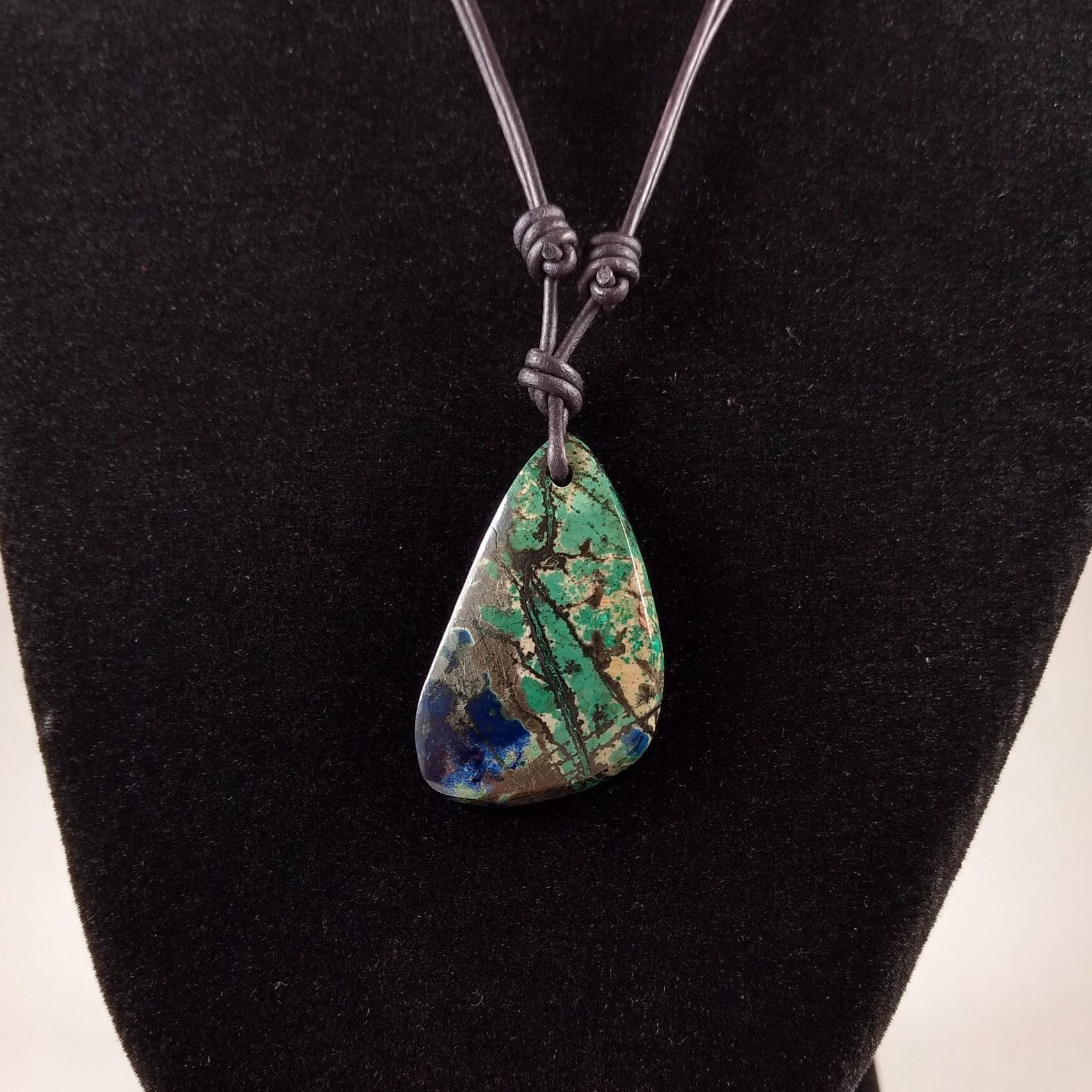 Azurite And Malachite Pendant On Adjustable Leather Necklace Handmade By Chris Hay