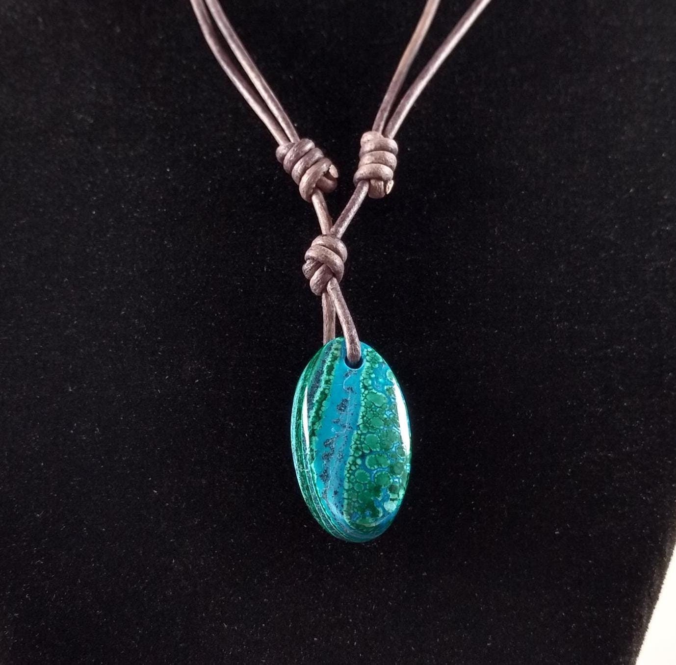 Azurite And Malachite Pendant On Adjustable Leather Necklace Handmade By Chris Hay Azurite And Malachite Pendant On Adjustable Leather Necklace Handmade By Chris Hay