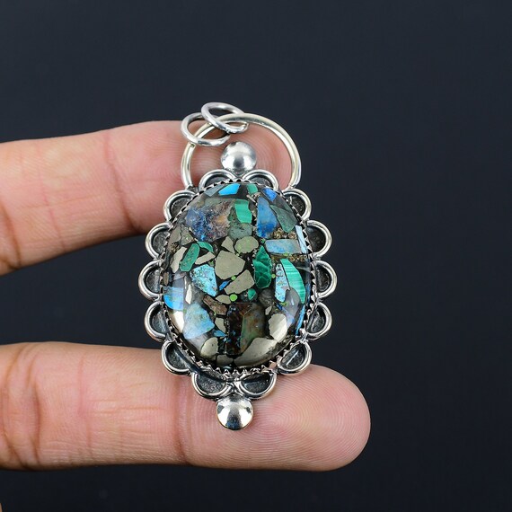 Copper Azurite Malachite Pendant: Handmade 925 Sterling Silver Boho Jewelry