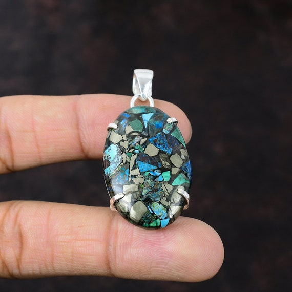 Handmade Copper Azurite Malachite Pendant: 925 Sterling Silver, Dainty Gemstone Jewelry