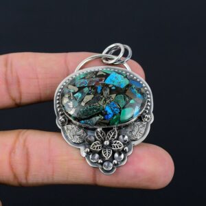 Handmade Copper Azurite Malachite Pendant: Sterling Silver Flower Jewelry Handmade Copper Azurite Malachite Pendant: Sterling Silver Flower Jewelry