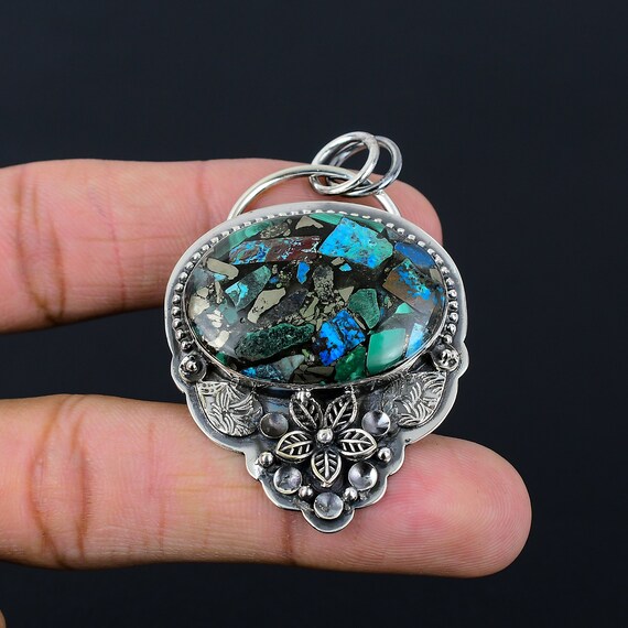 Handmade Copper Azurite Malachite Pendant: Sterling Silver Flower Jewelry Handmade Copper Azurite Malachite Pendant: Sterling Silver Flower Jewelry