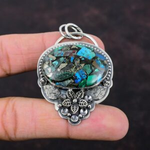 Handmade Copper Azurite Malachite Pendant: 925 Sterling Silver Flower Jewelry Handmade Copper Azurite Malachite Pendant: 925 Sterling Silver Flower Jewelry