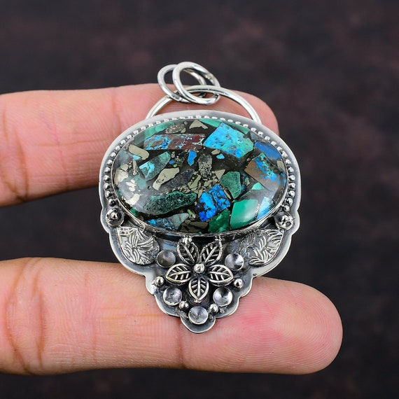 Handmade Copper Azurite Malachite Pendant: 925 Sterling Silver Flower Jewelry