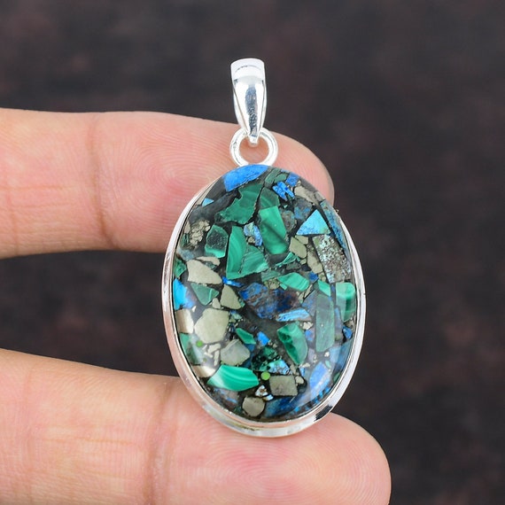 Handmade Copper Azurite Malachite 925 Sterling Silver Pendant