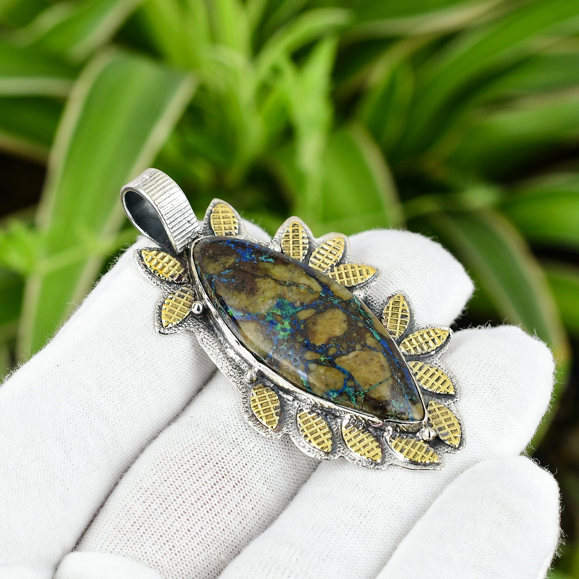Handmade Azurite Malachite Pendant: 925 Sterling Silver, 18k Gold Plated