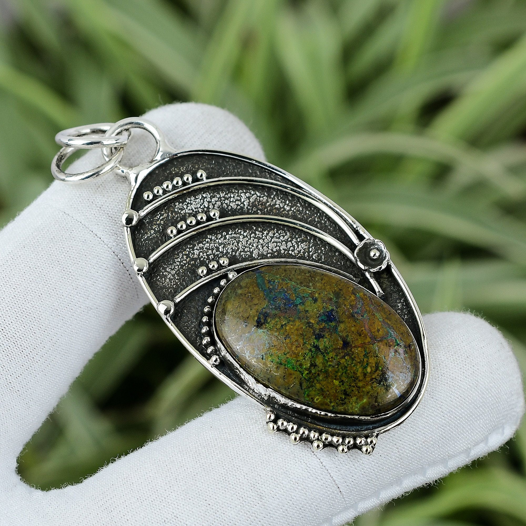 Handmade Azurite Malachite Pendant: 925 Sterling Silver, Oval Gemstone