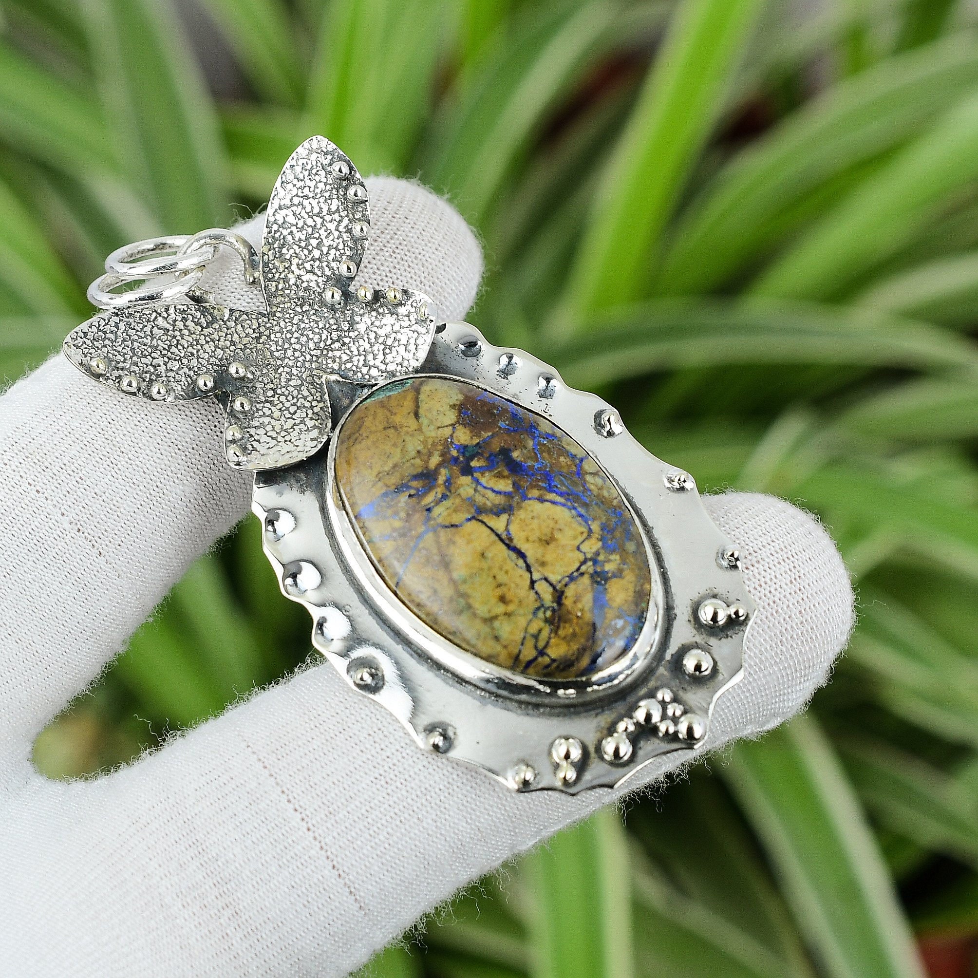 Handmade Azurite Malachite 925 Sterling Silver Pendant: Boho Gemstone Jewelry