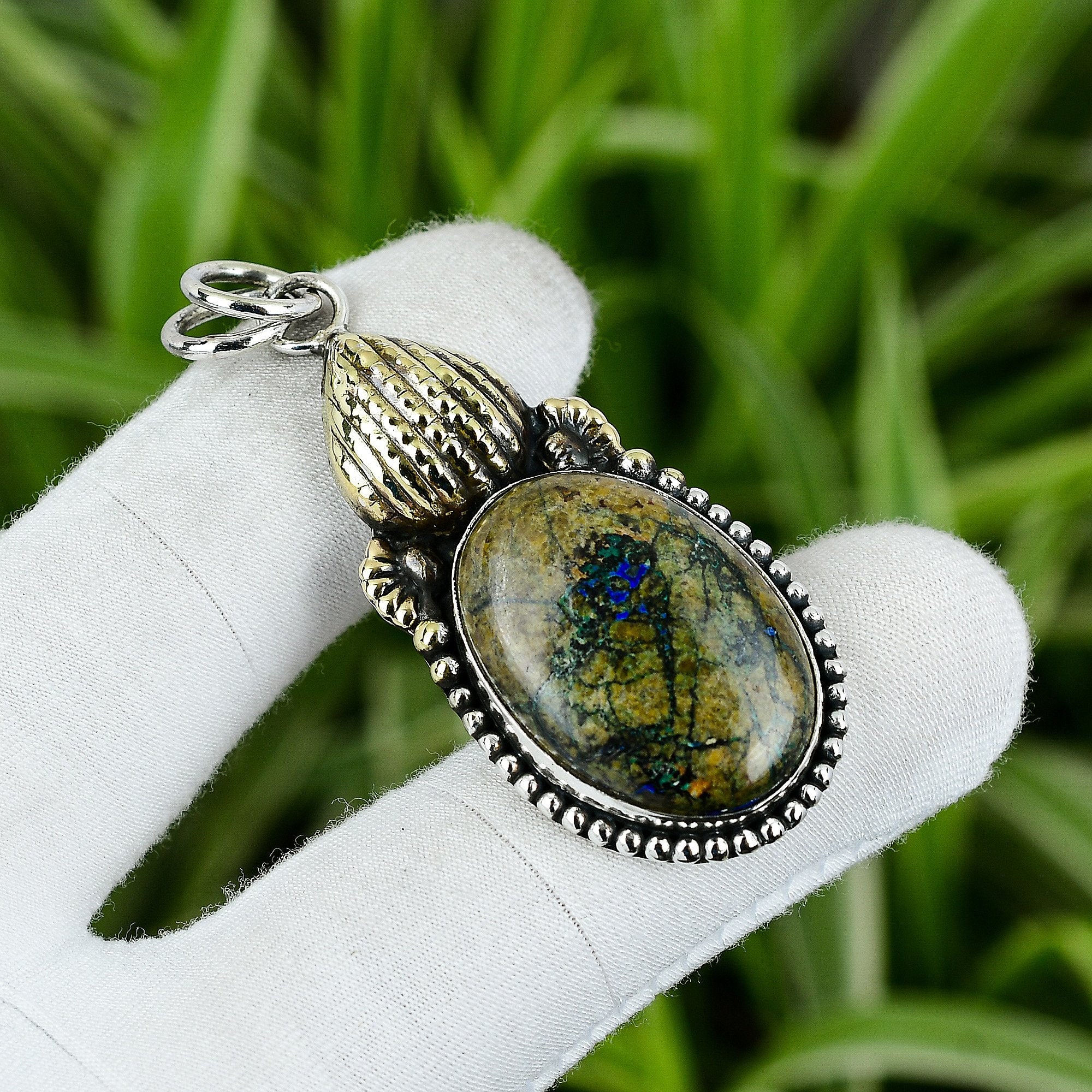 Handmade Azurite Malachite Pendant: 925 Sterling Silver, 18k Gold Plated Handmade Azurite Malachite Pendant: 925 Sterling Silver, 18k Gold Plated