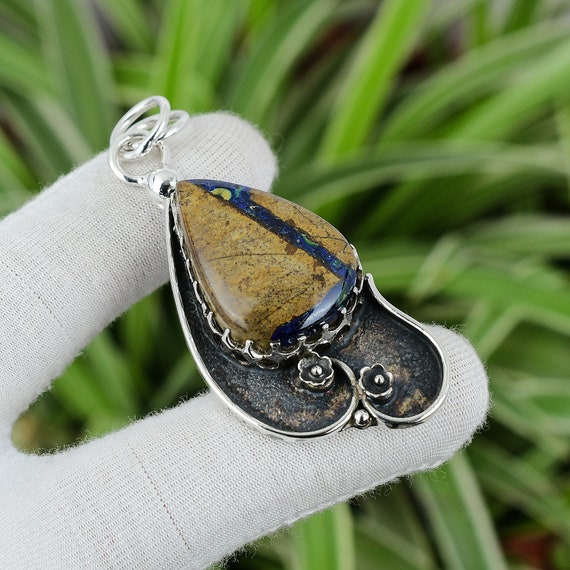 Handmade Pear Azurite Malachite 925 Sterling Silver Pendant