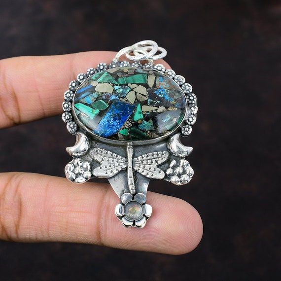Handmade Sterling Silver Dragonfly Pendant: Copper Azurite Malachite Gemstone Handmade Sterling Silver Dragonfly Pendant: Copper Azurite Malachite Gemstone