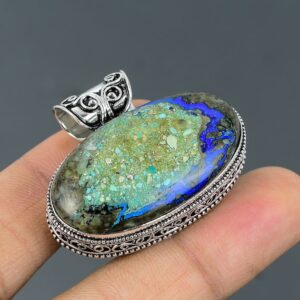 Azurite Malachite 925 Sterling Silver Pendant - Handmade Vintage Jewelry