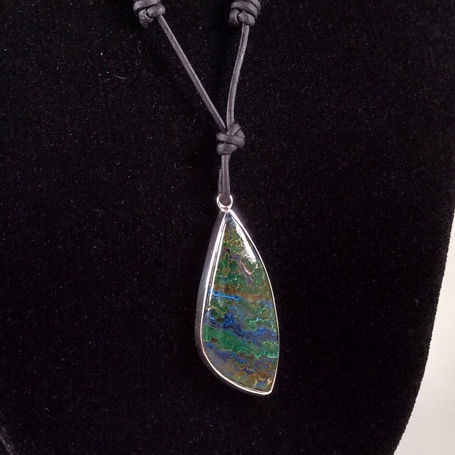 Malachite And Azurite Pendant Adjustable Leather Necklace Handmade By Chris Hay