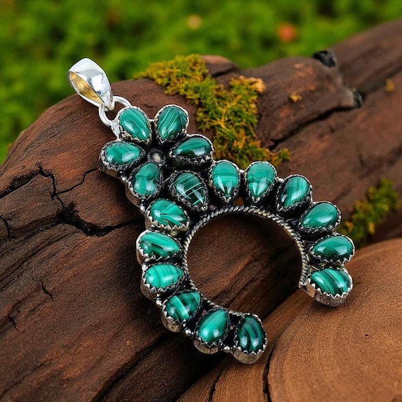 Azurite Malachite Crescent Pendant: Sterling Silver Boho Statement Jewelry