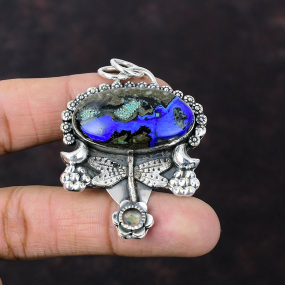Azurite Malachite Dragonfly Pendant: Handmade Sterling Silver Jewelry