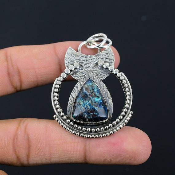 Azurite Malachite Pendant: Handmade 925 Sterling Silver, Trillion Gemstone