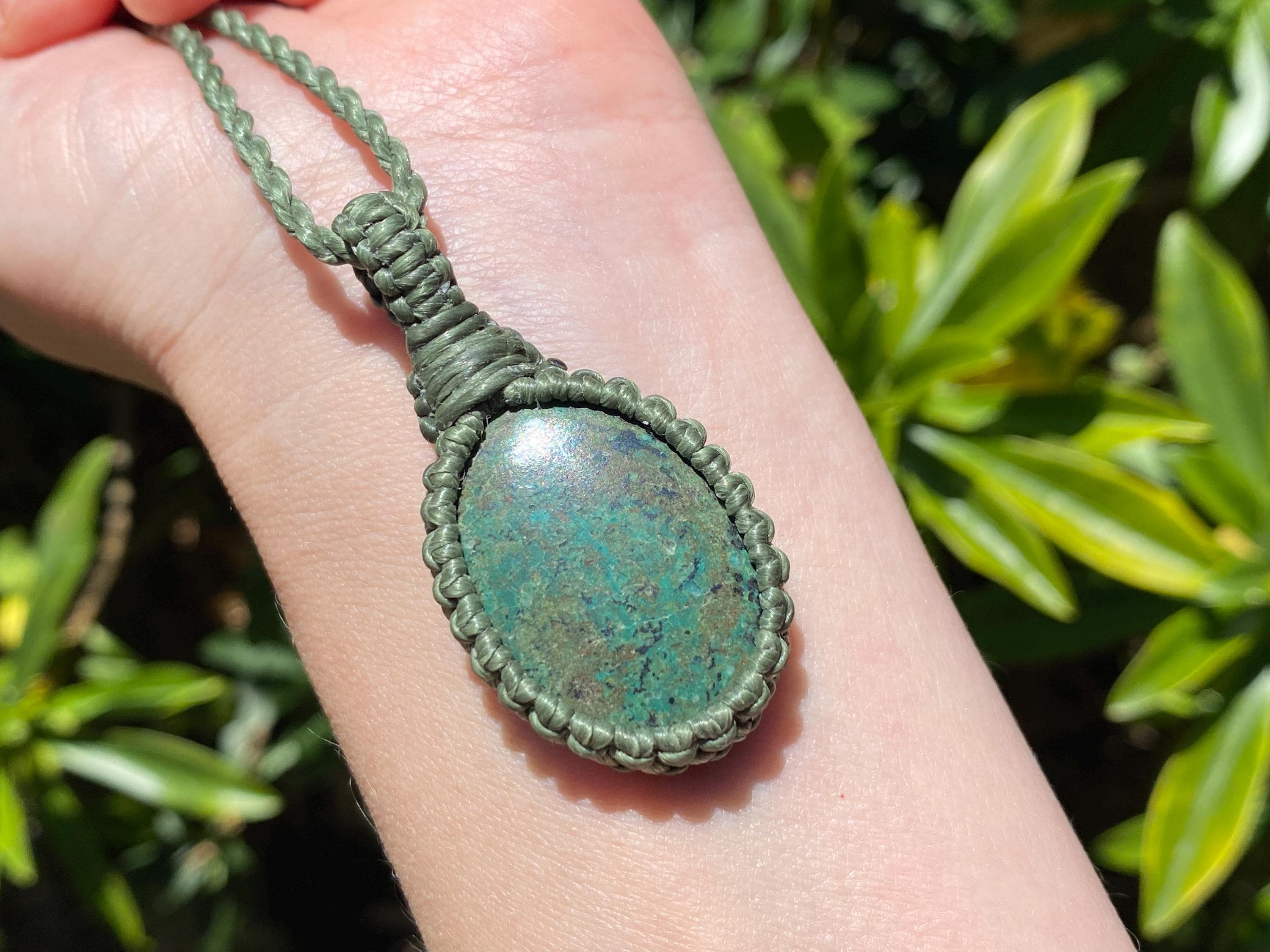 Azurite Malachite Macrame Pendant Necklace, Hand-knotted Stone Jewelry