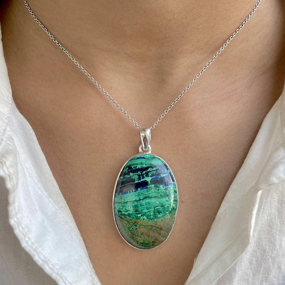 Azurite Malachite Pendant Necklace / 925 Sterling Silver / Healing Gemstone / Gift For Her / Oval Cab / Malachite Statement Jewelry Azm-p-8.