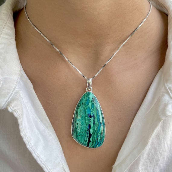 Azurite Malachite Pendant Necklace / 925 Sterling Silver / Healing Gemstone / Gift For Her / Fancy Cab/ Malachite Statement Jewelry Azm-p-6.