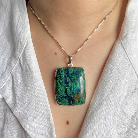 Azurite Malachite Pendant Necklace / 925 Sterling Silver / Healing Gemstone / Gifts For Her / Octagon / Malachite Statement Jewelry Azm-p-1.