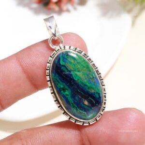 Azurite Malachite Pendant: Oval Blue Gemstone, 925 Sterling Silver Azurite Malachite Pendant: Oval Blue Gemstone, 925 Sterling Silver