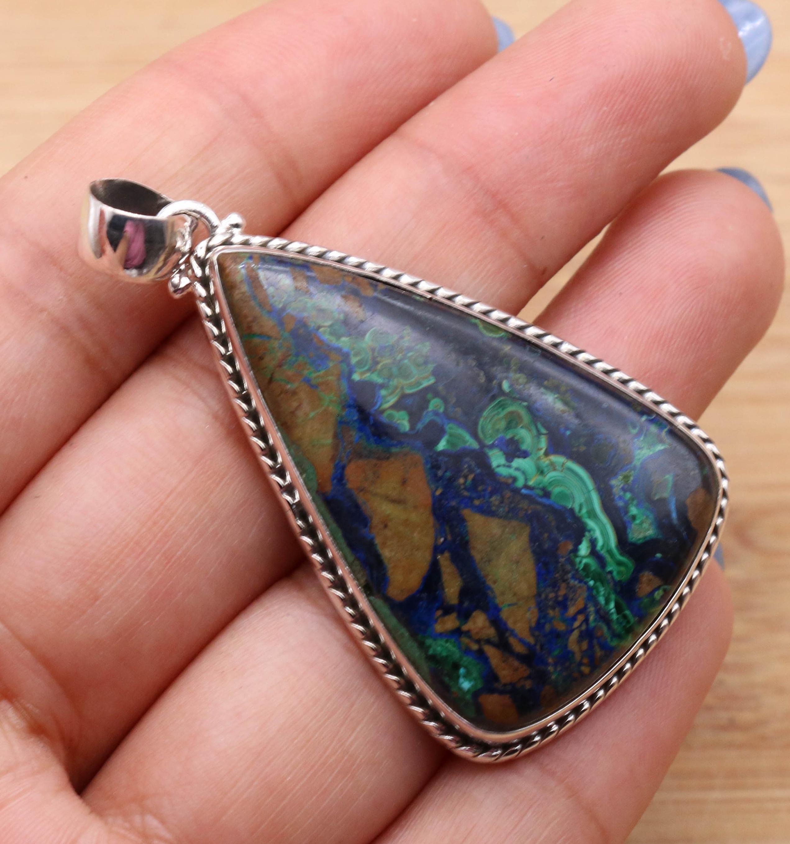 Azurite Malachite Sterling Silver Pendant: Handmade Pear Gemstone Jewelry Azurite Malachite Sterling Silver Pendant: Handmade Pear Gemstone Jewelry