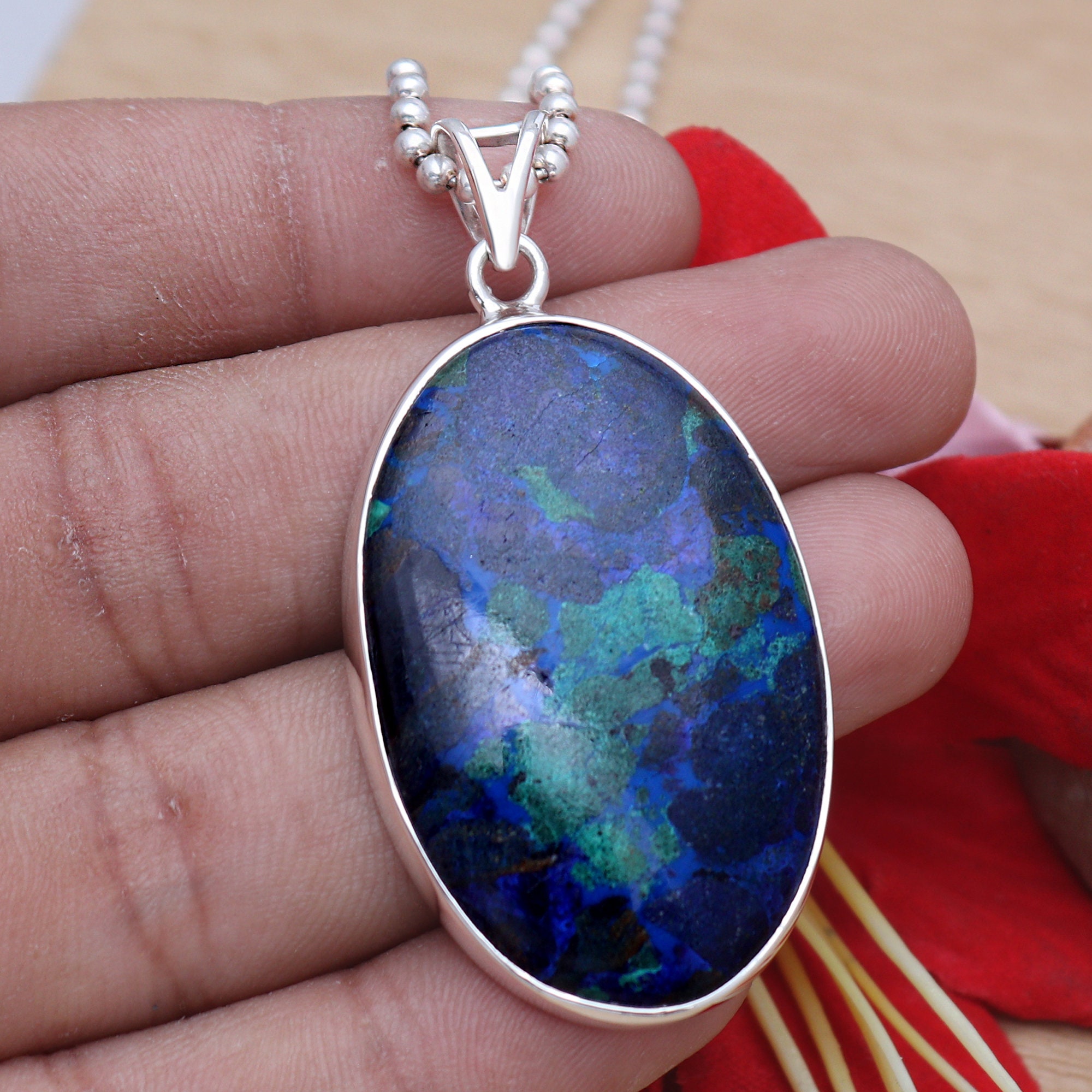 Azurite Malachite Pendant, Sterling Silver Pendant, Oval Malachite Pendant, Statement Pendant, Handmade Pendant, Malachite Jewelry For Gift Azurite Malachite Pendant, Sterling Silver Pendant, Oval Malachite Pendant, Statement Pendant, Handmade Pendant, Malachite Jewelry For Gift