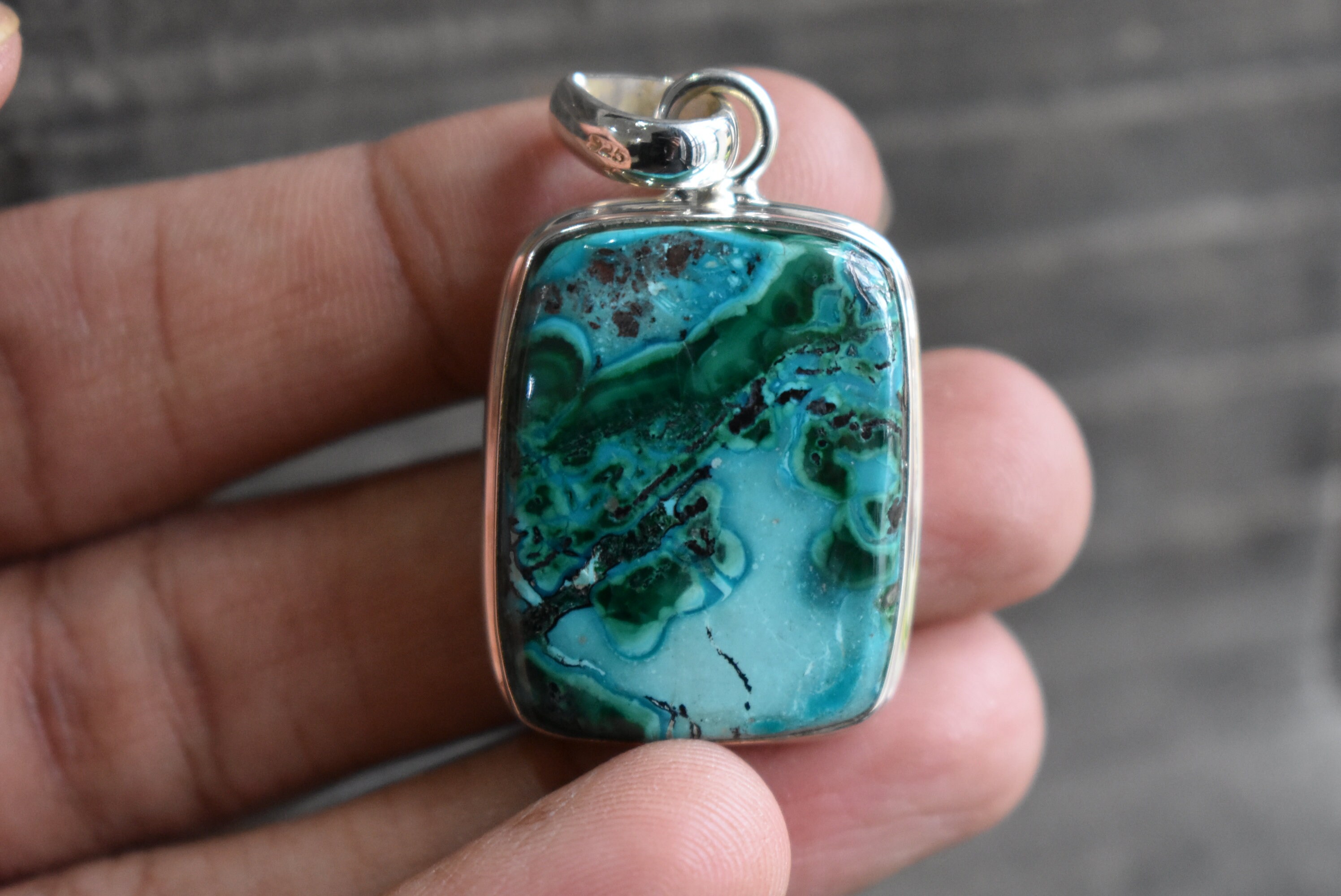 Natural Azurite Malachite Gemstone Pendant, 925 Sterling Silver