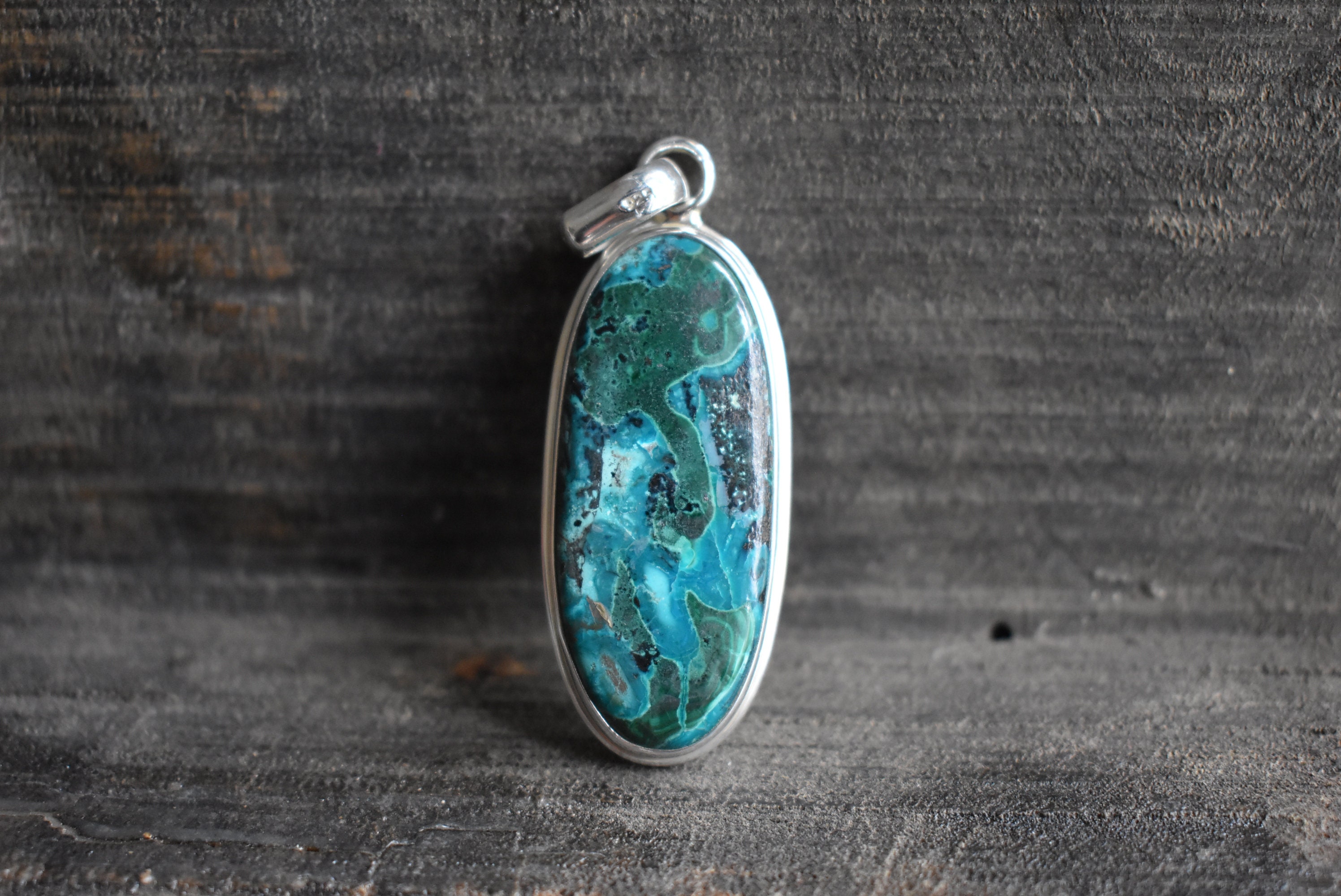 Natural Azurite Malachite Gemstone Pendant, 925 Sterling Silver, Oval