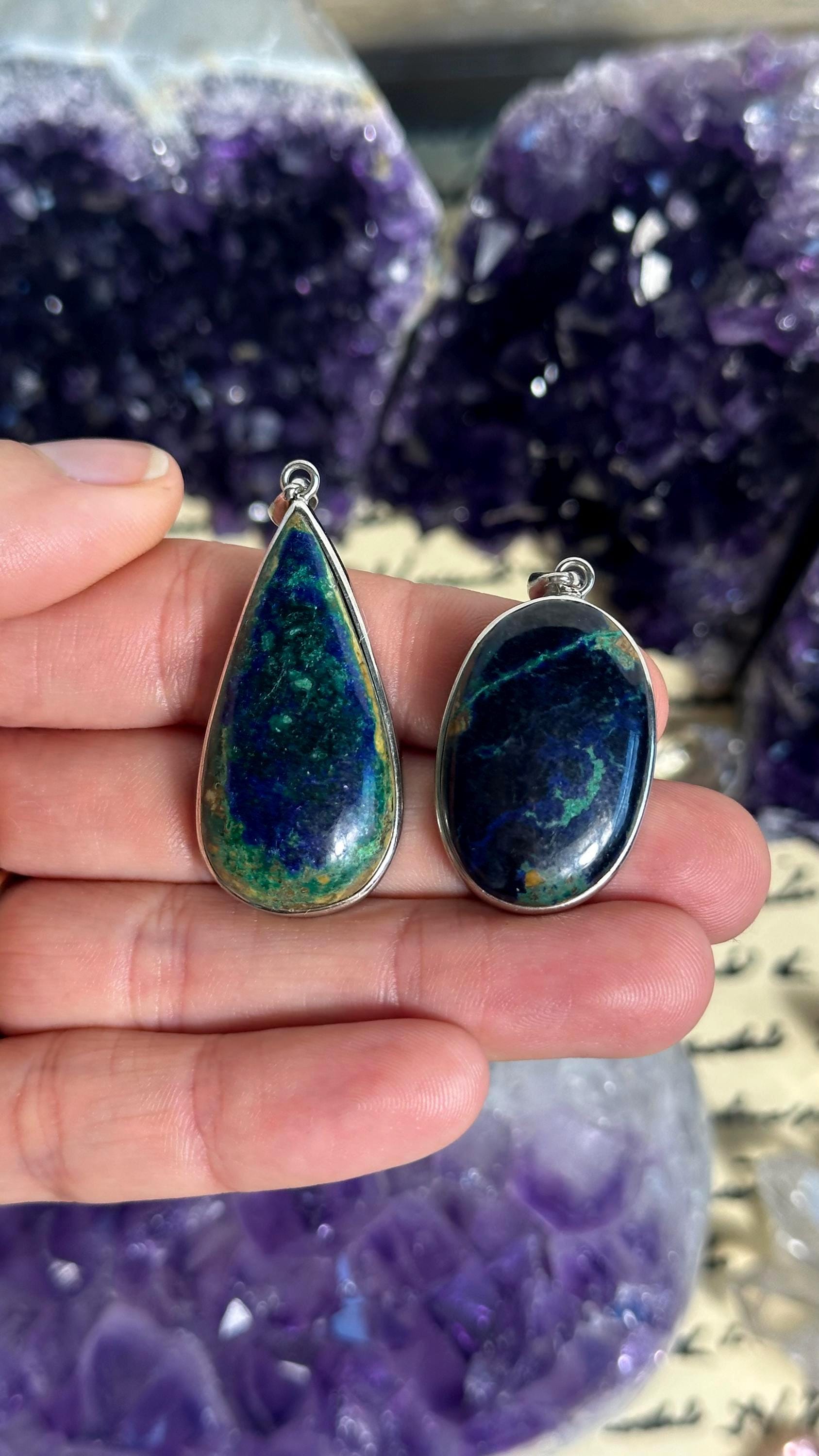 Azurite Pendant Necklace, .925 Sterling Silver, Square, Triangle