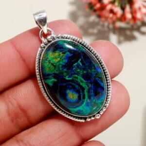 Oval Azurite Malachite Pendant, 925 Sterling Silver Gemstone Jewelry