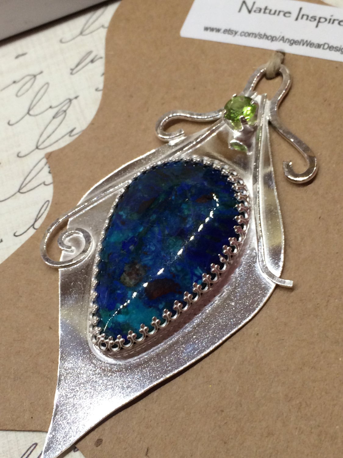 Azurite Peacock Feather Pendant