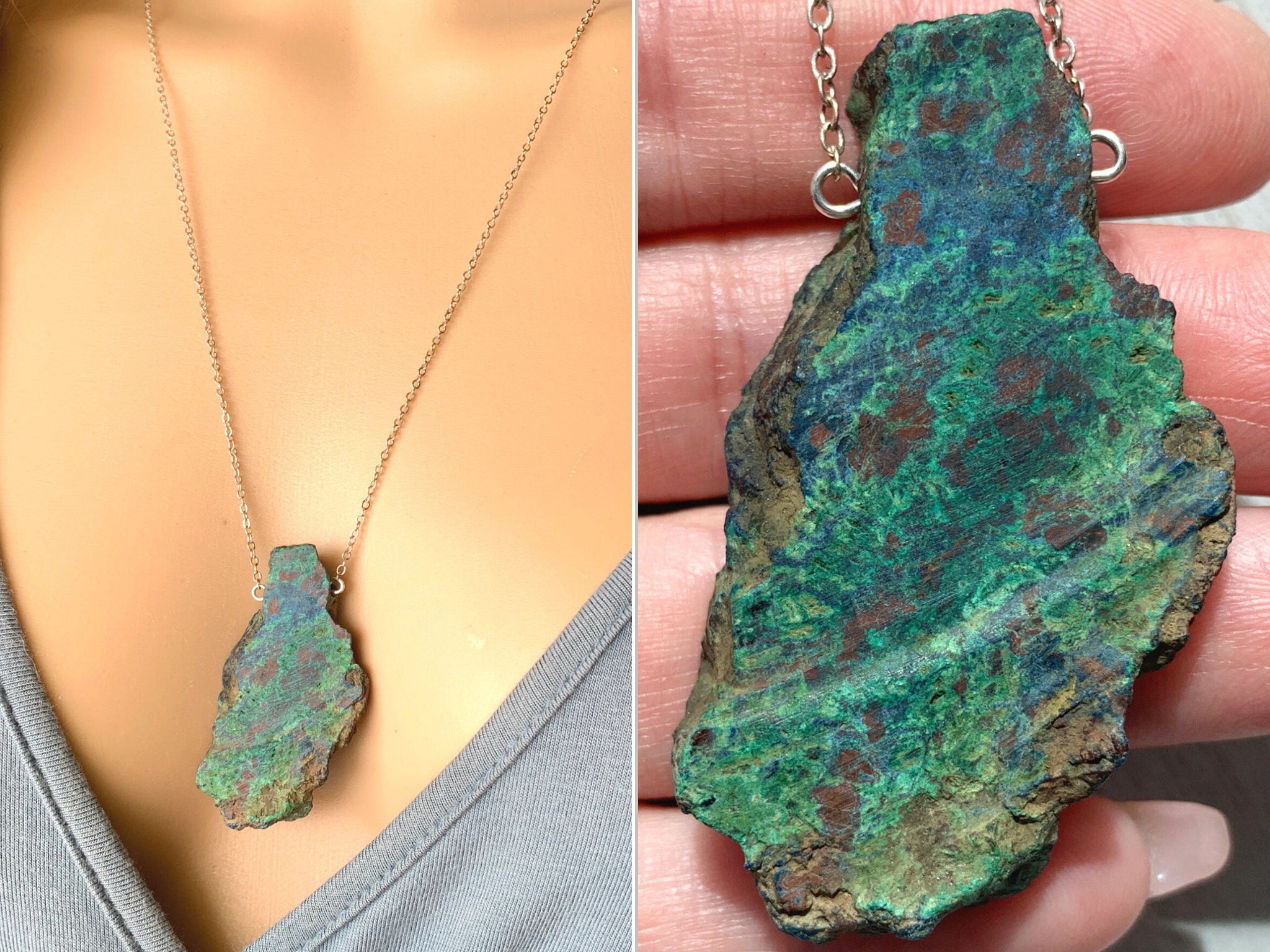 Raw Chrysocholla Necklace, Rough Crystal Necklace, Azurite Chrysocholla Pendant Blue Gemstone Necklace For Men, Azurite Necklace Exact Stone