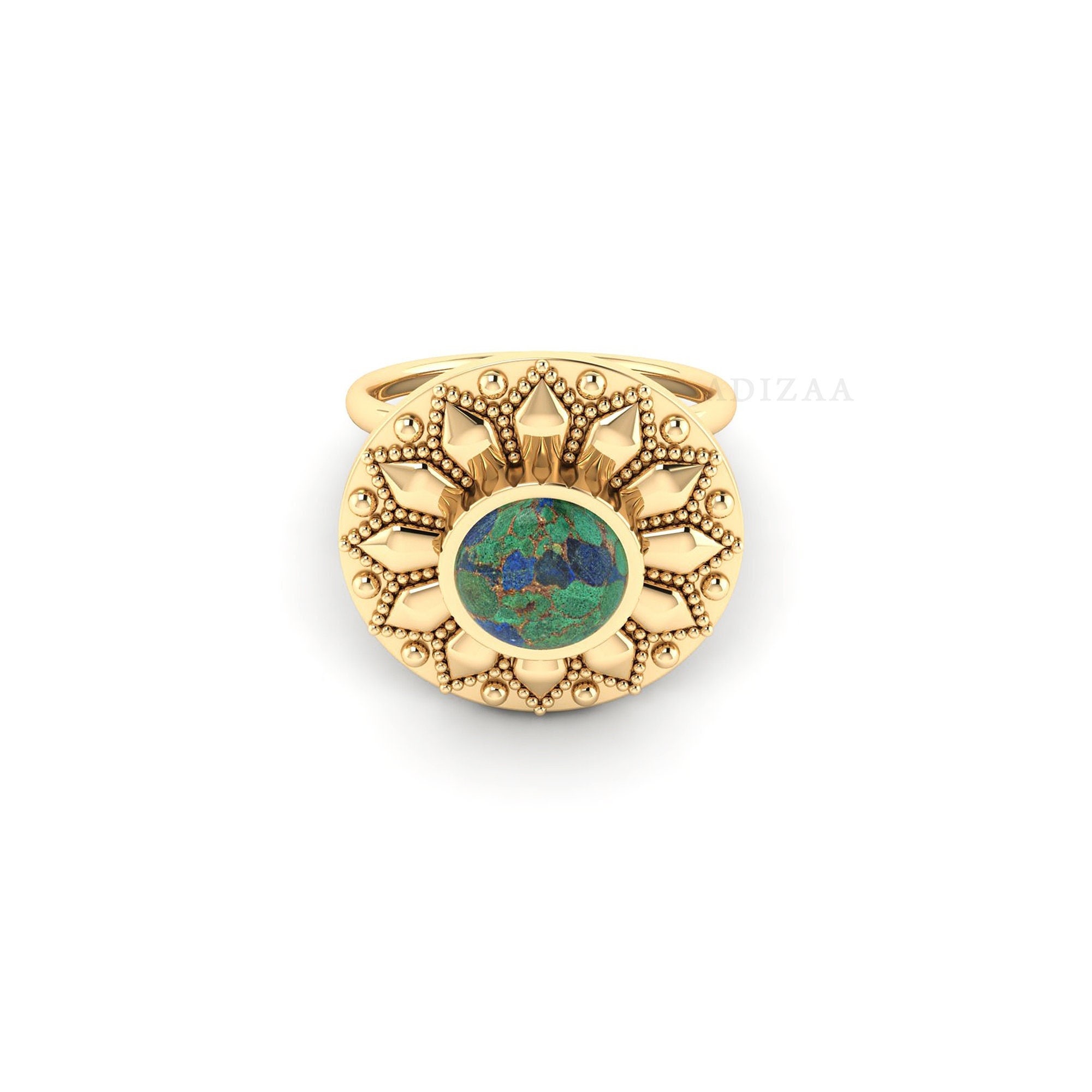 Copper Azurite Modern Boho Ring, Round Cocktail Ring For Young Girls, 18k Gold Filled High Quality Gemstone Ring, Birthday Gift For Mom