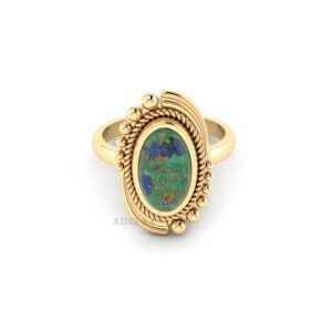 Copper Azurite Ring, Oval Shape Helix Textured with Gold Filled Wavying Ring, 18k Gold Finish Statement Ring, Dainty Rings For Women